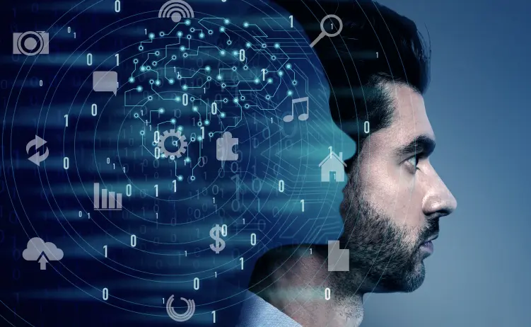 Визуальное представление ИИ и машинного обучения с данными и технологиями